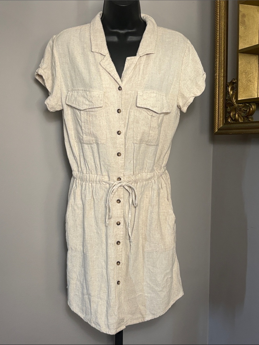Thread & Supply Medium Linen Blend Button Front Shirt Dress Natural